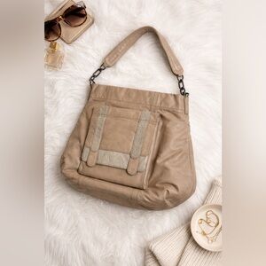 SUNNYLIFE Taupe Leather Hobo Shoulder Bag with Woven Details